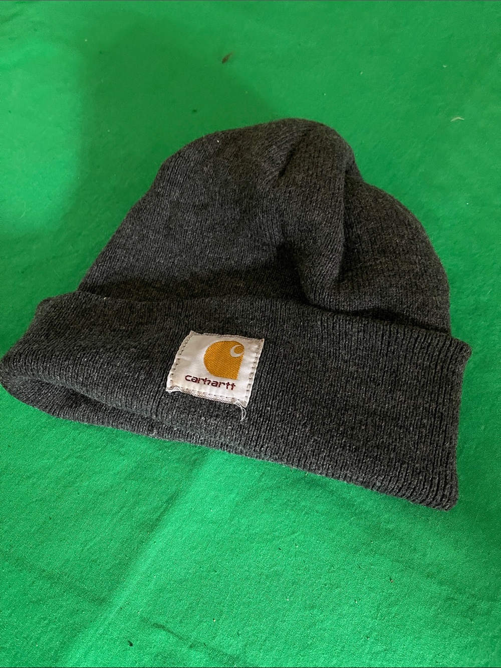 Carhartt Dark Gray Knit Cuffed Beanie with Gold Logo Patch